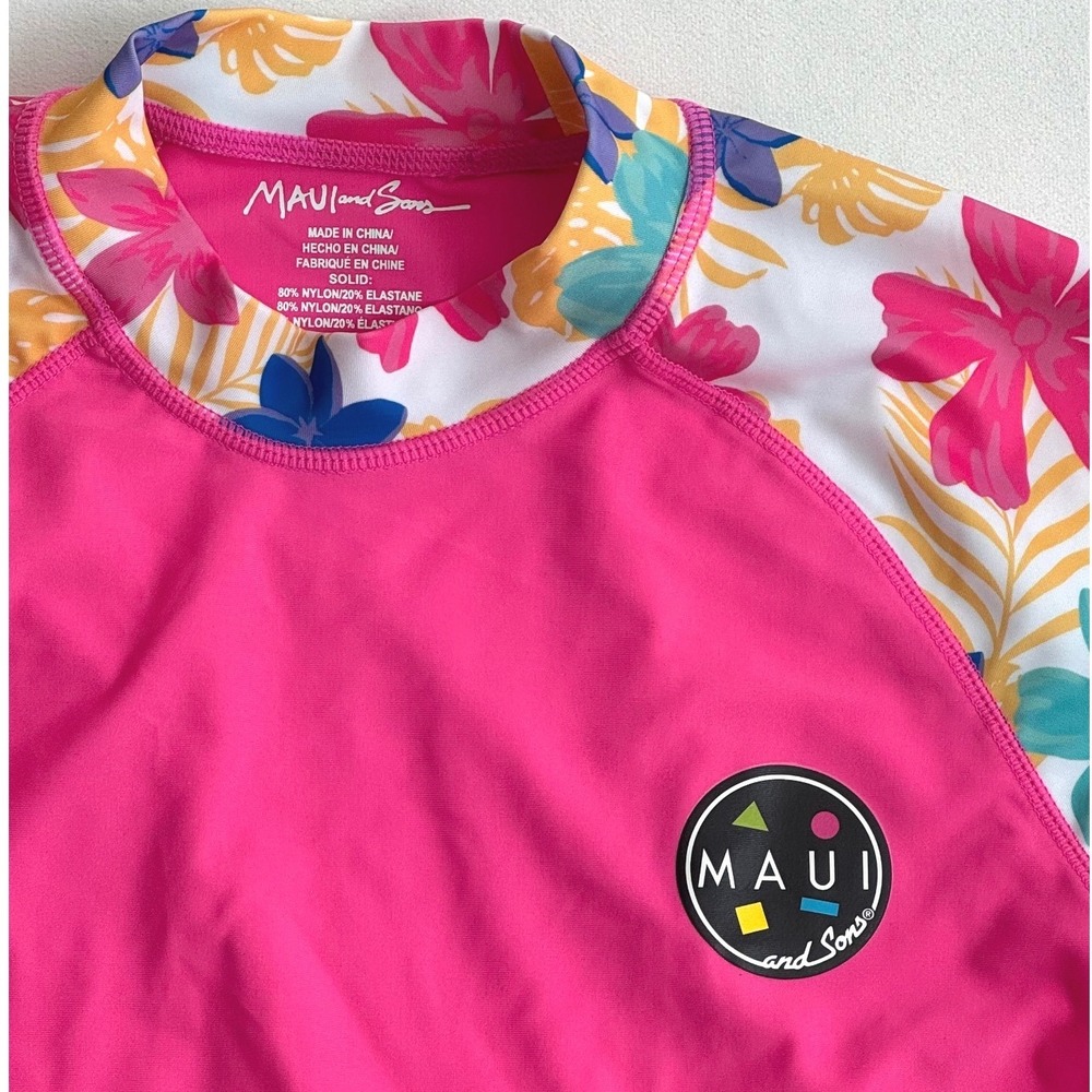 Maui and Sons Womens Pink Floral Short Sleeve Rash Guard UPF 50+ Swim Top